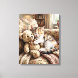 Impressão Em Tela Lindo Gatito Durmiendo con Oso de Peluche