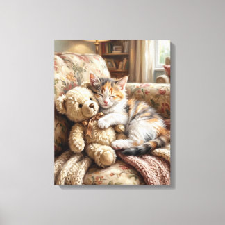 Impressão Em Tela Lindo Gatito Durmiendo con Oso de Peluche