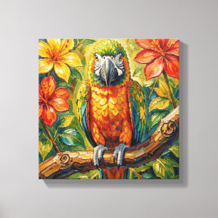 Impressão Em Tela Lindo Papagaio Colorido com Impasto e Flor Tropica