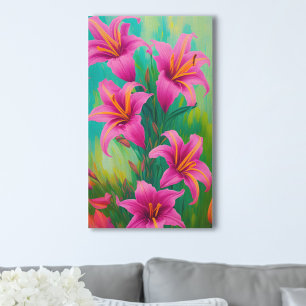 Impressão Em Tela Lírios cor-de-rosa brilhantes na pintura a óleo di
