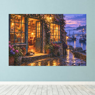 Impressão Em Tela Livraria Cozy Harbor ao Crepúsculo