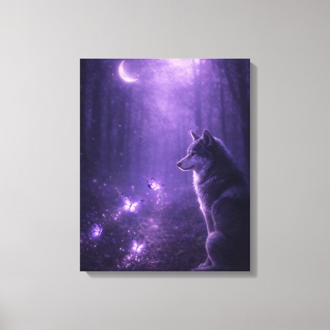 Impressão Em Tela Lobo Celestial Sob a Lua Roxa Arte em Tela (Frente)