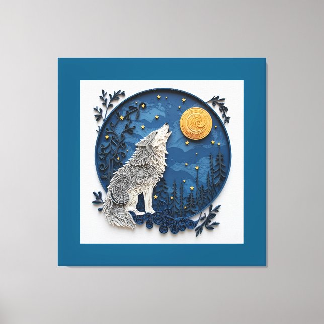 Impressão Em Tela Lobo Cinza Elegante Uivando para a Lua (Frente)