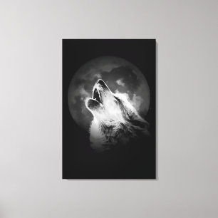 Impressão Em Tela Lobo e Lua de Howling Preto e Branco