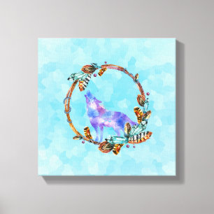 Impressão Em Tela Lobo roxo da aguarela com uma grinalda de Boho