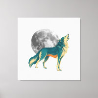 Lobo Uivando com Lua Cheia Arte Colorida em Tela |