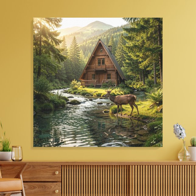 Impressão Em Tela Log Cabin, Stream, Mountains and Deer Nature Art (Insitu(Sala de estar))