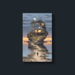 Impressão Em Tela Lone Walker Surreal Floating Ruin Moon<br><div class="desc">A solitary figure in a dark suit strides along a narrow path of cracked earth toward a decaying multi-story building that impossibly crowns a jagged floating island. Warm golden light spills from broken windows and an occupied balcony, while wildflowers, overgrown weeds, and bare twisted trees cling to the rocky edges....</div>