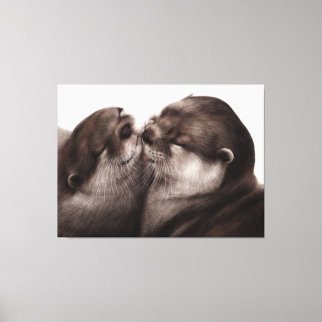 Impressão Em Tela Lontras se Beijando - Arte de Vida Selvagem Pintad (Frente)