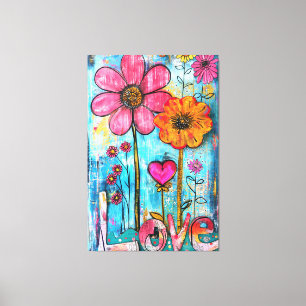 Impressão Em Tela *~* LOVE Doodle – Arte Floral Caprichosa Colorida