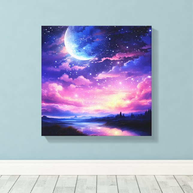 Impressão Em Tela Lua cheia celestial nuvens Roxo Místico (Insitu(piso de madeira))