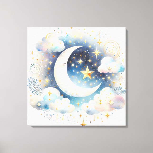 Impressão Em Tela Lua Crescente Azul e Branco Celestial Boho Moderno (Frente)