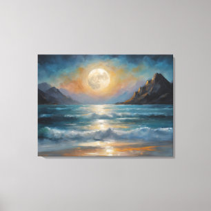 Impressão Em Tela Lua de cheio sobre o oceano com uma montanha