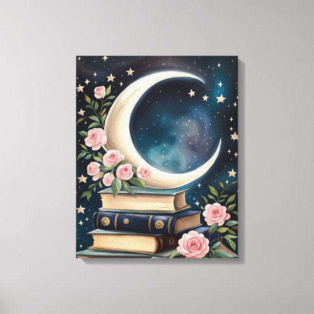 Impressão Em Tela Lua, Estrelas, Rosas e Livros (Frente)