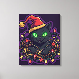 Impressão Em Tela Luzes de Natal de Gato Preto Engraçado em Tela
