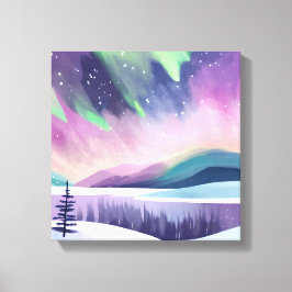 Impressão Em Tela Luzes do Norte Noite de Inverno Colorida | Aquarel