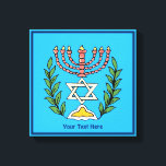 Impressão Em Tela Magen Persa David Menorah<br><div class="desc">Esta imagem foi adaptada de um antigo azulejo judeu persa e apresenta uma menorah com um Magen David (Estrela de David) enquadrado por ramos de oliveira. As imperfeições da imagem original pintada à mão foram preservadas. Adicione seu próprio texto.</div>