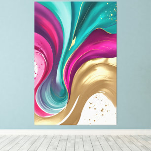 Impressão Em Tela Magenta e Dourada Abstrato de Aquarela