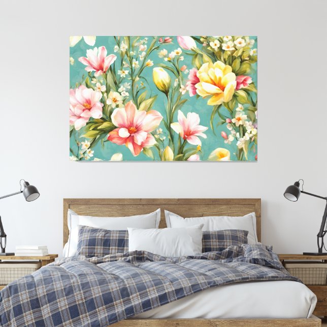 Impressão Em Tela Magnólia Amarela refinada com flores brancas (Insitu(Quarto))