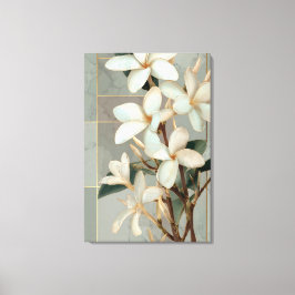 Impressão Em Tela Magnólia Branca Floral Linha Dourada Mármore