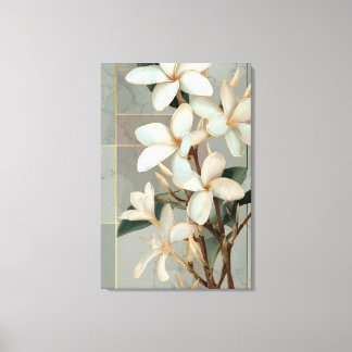 Impressão Em Tela Magnólia Branca Floral Linha Dourada Mármore