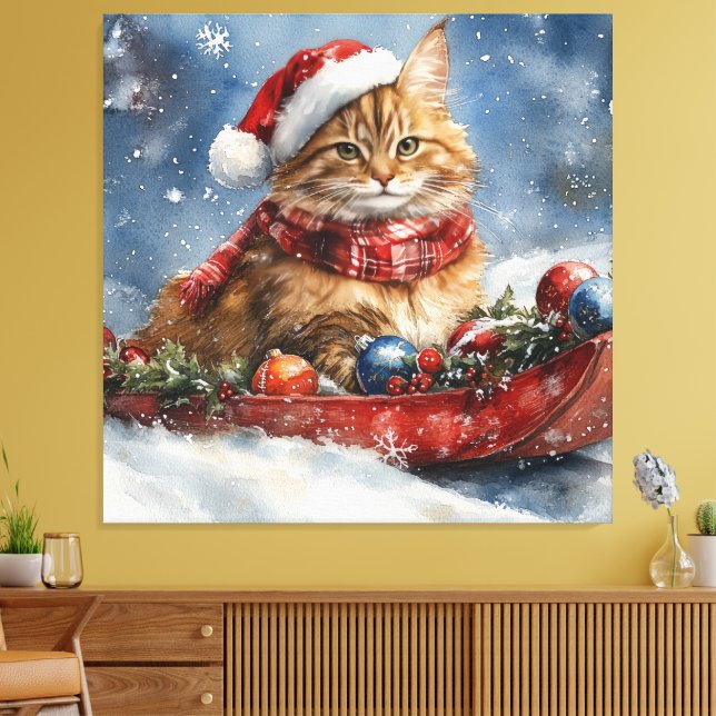 Impressão Em Tela Maine Coon Cat em Sledge Deixe nevar Natal (Insitu(Sala de estar))