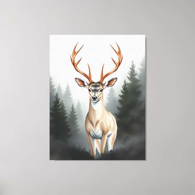 Impressão Em Tela Majestic Deer in Misty Forest – Tranquil Wildlife  (Frente)