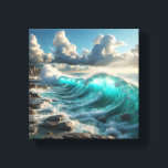 Impressão Em Tela Majestic Turquoise Ocean Waves Crashing Against<br><div class="desc">A stunning and powerful digital artwork capturing massive turquoise waves curling and crashing against a rugged, rocky shoreline. The composition features dramatic sunlight filtering through a cloudy sky, highlighting the intense spray and deep blue textures of the ocean. Perfect for large-scale wall art, modern coastal-themed interiors, or as a dynamic...</div>