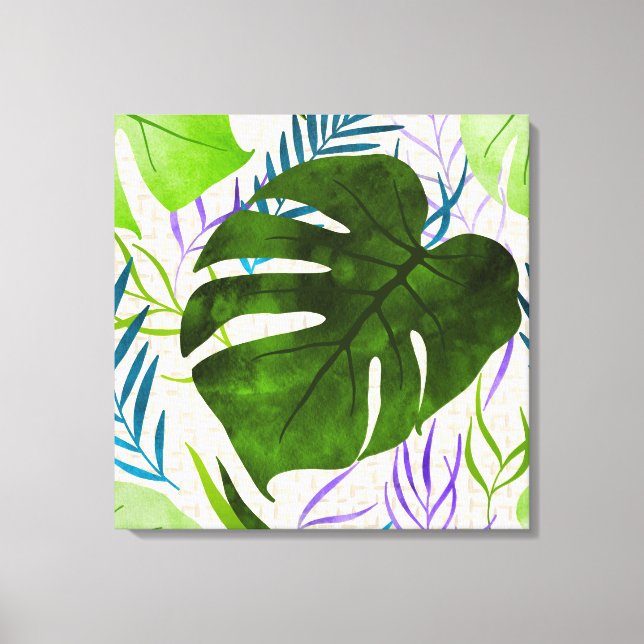 Impressão Em Tela Maleah Monstera Tropical Havaiana - Verde-Aquarela (Frente)