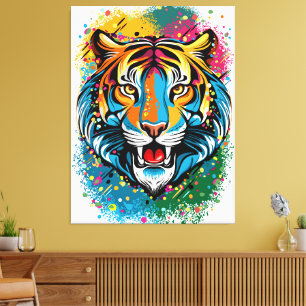 Impressão Em Tela Manchas de tinta cores Arco-íris Cabeça de Tigre