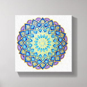 Impressão Em Tela Mandala Azul Roxo Flor Dourada