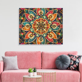 IMPRESSÃO EM TELA MANDALA FLORAL ARTE FOLCLÓRICA VIBRANTE