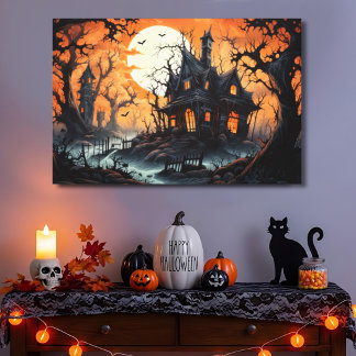 Impressão Em Tela Mansão Assombrada de Halloween ao Crepúsculo Âmbar