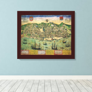 Impressão Em Tela Mapa Antigo de Lisboa, Portugal por Braun/Hogenber