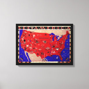 Impressão Em Tela Mapa Antigo do Bureau de Viagens dos Estados Unido