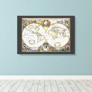 Impressão Em Tela Mapa Antigo do Mundo por Hendrik Hondius, 1630