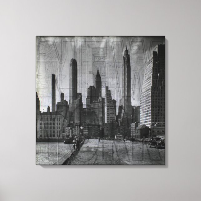 Impressão Em Tela Mapa Antigo e Foto Retro de Nova York (Frente)