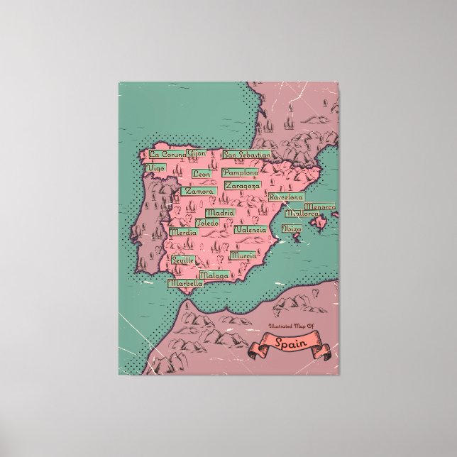 Impressão Em Tela Mapa antigo vintage da Espanha (Frente)