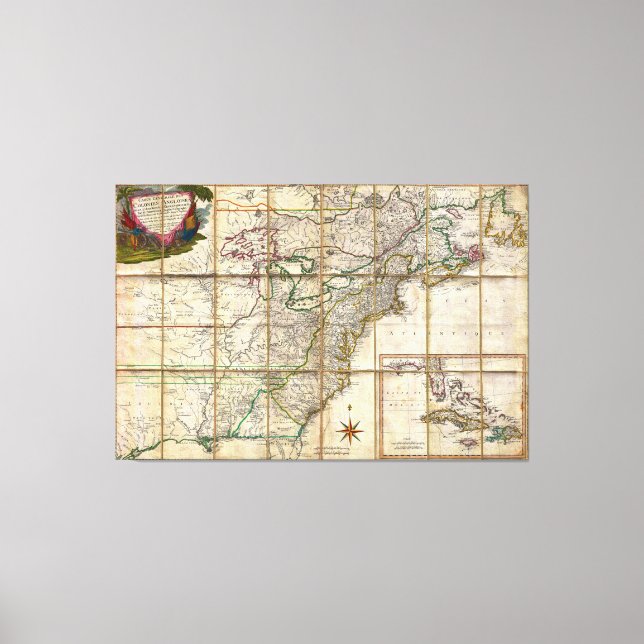 Impressão Em Tela Mapa da América Colonial RARE 1779 por Rene Phelip (Frente)