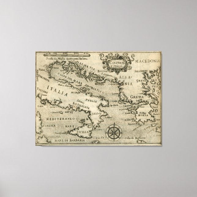 Impressão Em Tela Mapa da Itália e da Grécias (1587) (Frente)