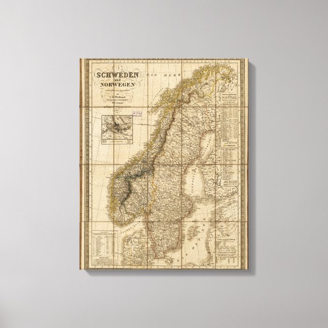 Impressão Em Tela Mapa da Suecia e da Noruega (1847) (Frente)