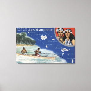 Impressão Em Tela Mapa das Ilhas, Nativos em uma Canoa