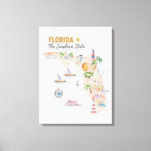 Impressão Em Tela Mapa de Arte do Estado da Flórida em Aquarela