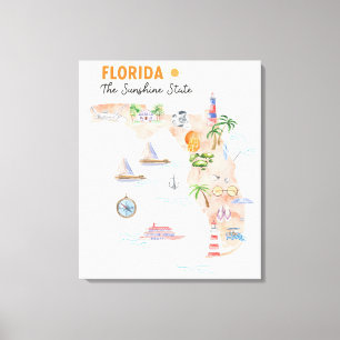 Impressão Em Tela Mapa de Arte do Estado da Flórida em Aquarela