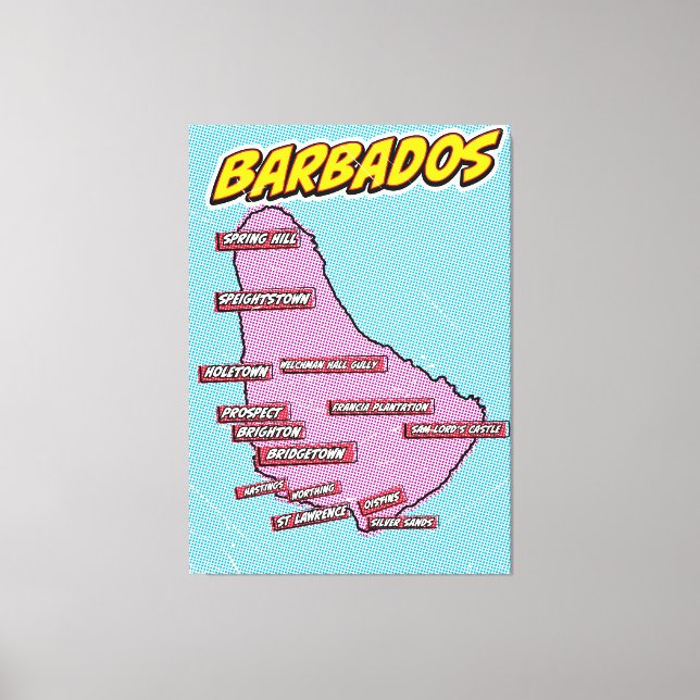 Impressão Em Tela Mapa de Barbados Ilustrado de pop Art (Frente)