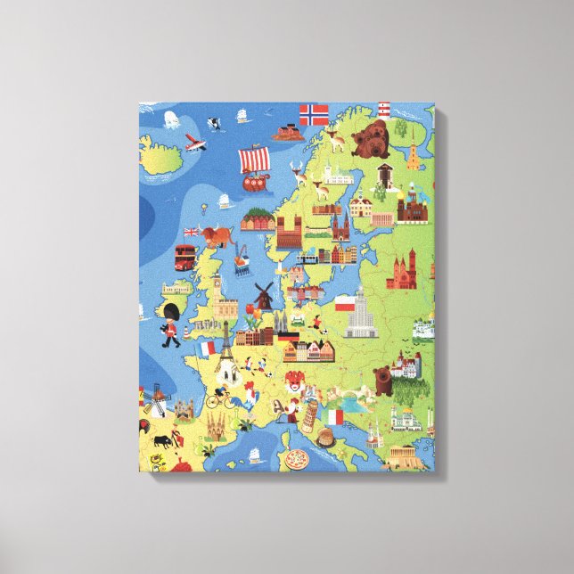 Impressão Em Tela Mapa de Cartoons da Europa (Frente)