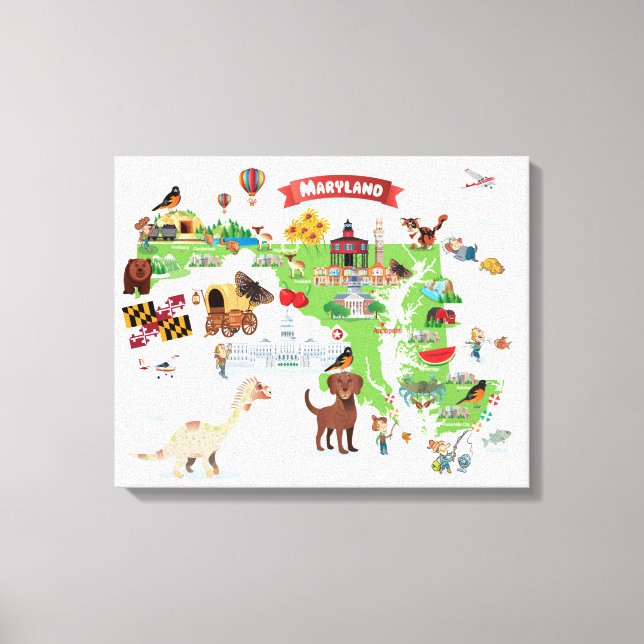 Impressão Em Tela Mapa de Cartoons de Maryland (Frente)
