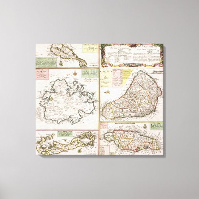 Impressão Em Tela Mapa de Colônias Inglesas na Caribe, pub. (Frente)