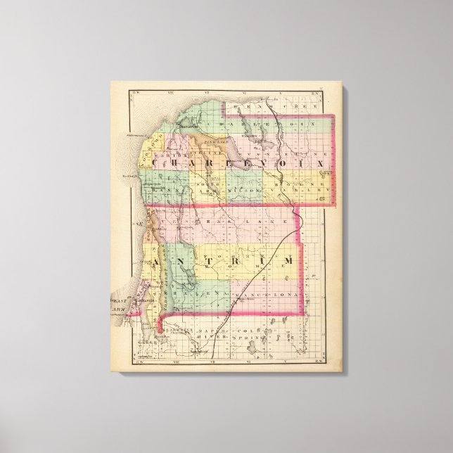 Impressão Em Tela Mapa de Condados Charlevoix e Antrim, Michigan (Frente)
