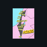 Impressão Em Tela Mapa de Israel ilustrado com pop Art<br><div class="desc">Um mapa estilizado de Israel em estilo pop,  apresentando um contorno preto do país sobre um fundo pontilhado rosa e azul. O mapa é marcado com grandes cidades e locais em caixas amarelas,  incluindo Jerusalém,  Tel Aviv,  Beersheba e Eilat.</div>